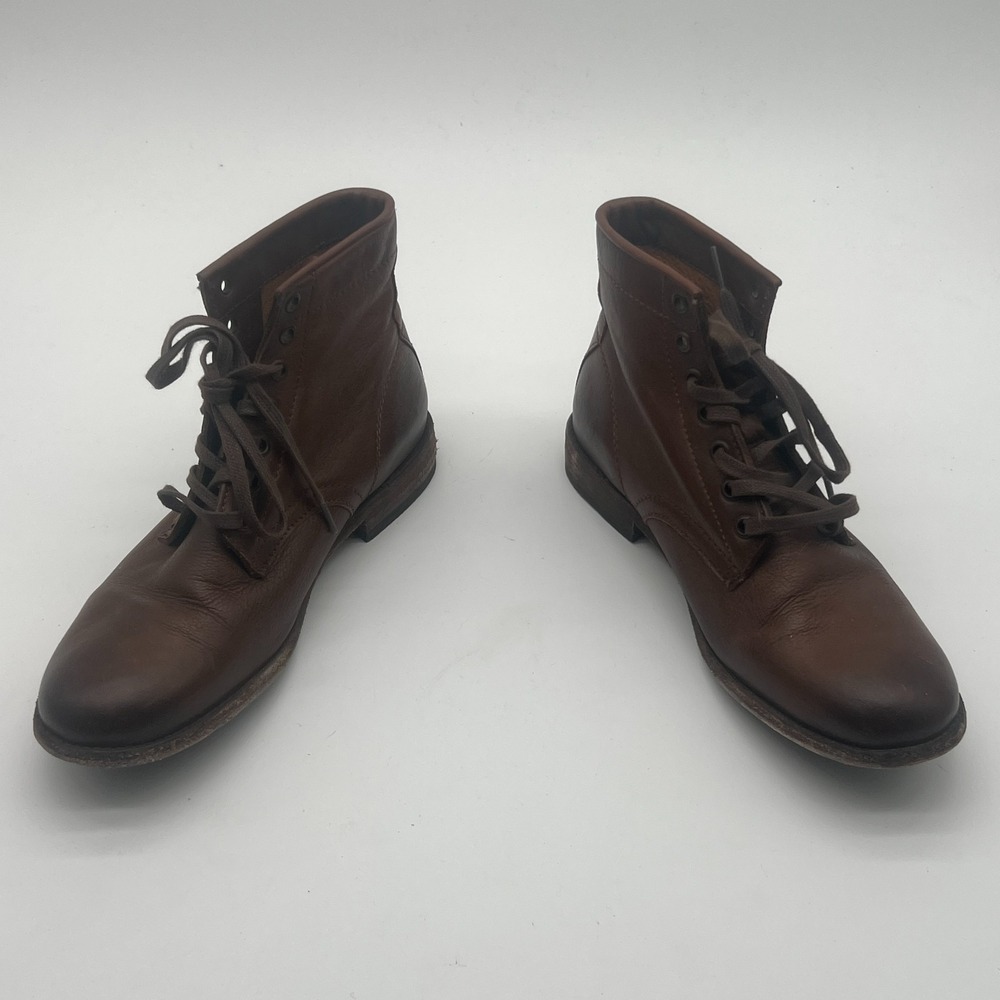 Frye Tyler Cognac Brown Leather Lace Up Ankle Combat Booties Womens Size 8 B